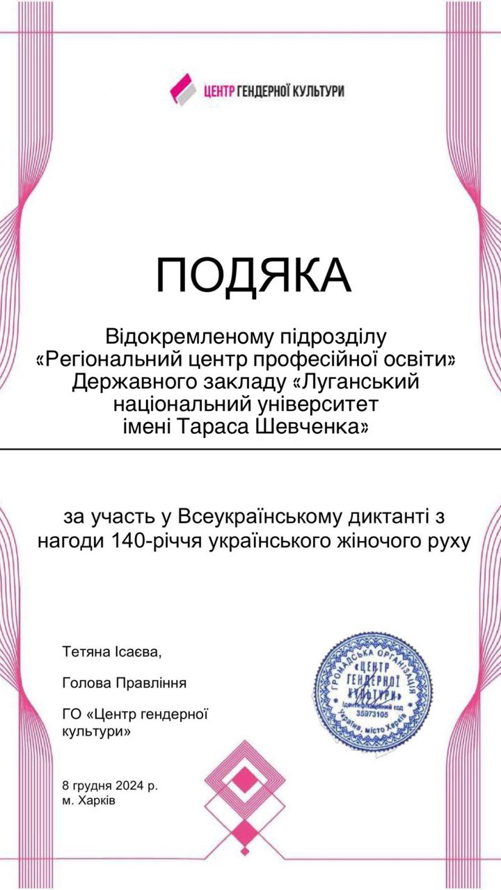 Подяка за активну участь у Всеукраїнському диктанті з нагоди 140-річчя українського жіночого руху
